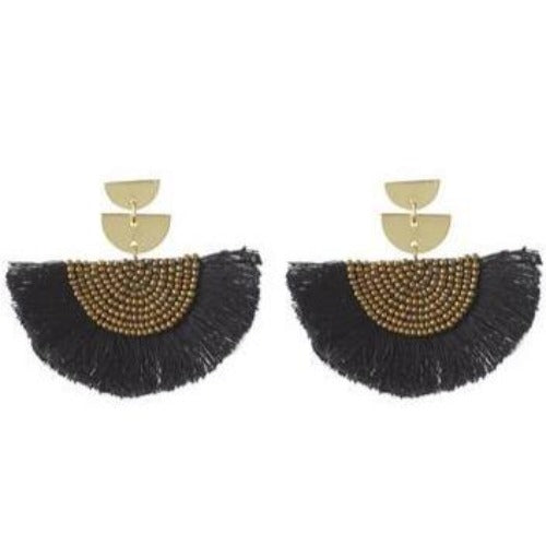 Earrings Beaded Tassel Fan Black