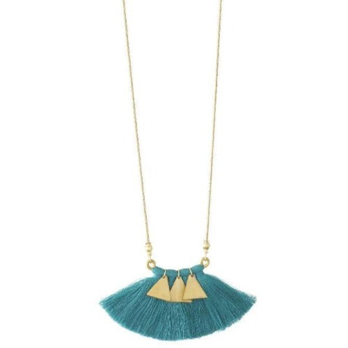 Brass & Cotton Fan Tassel Necklace Teal